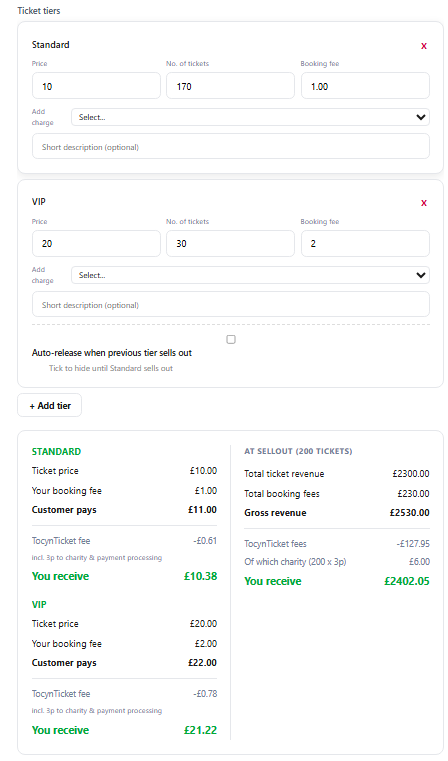TocynTicket event builder showing ticket tier configuration with live per-ticket revenue breakdown