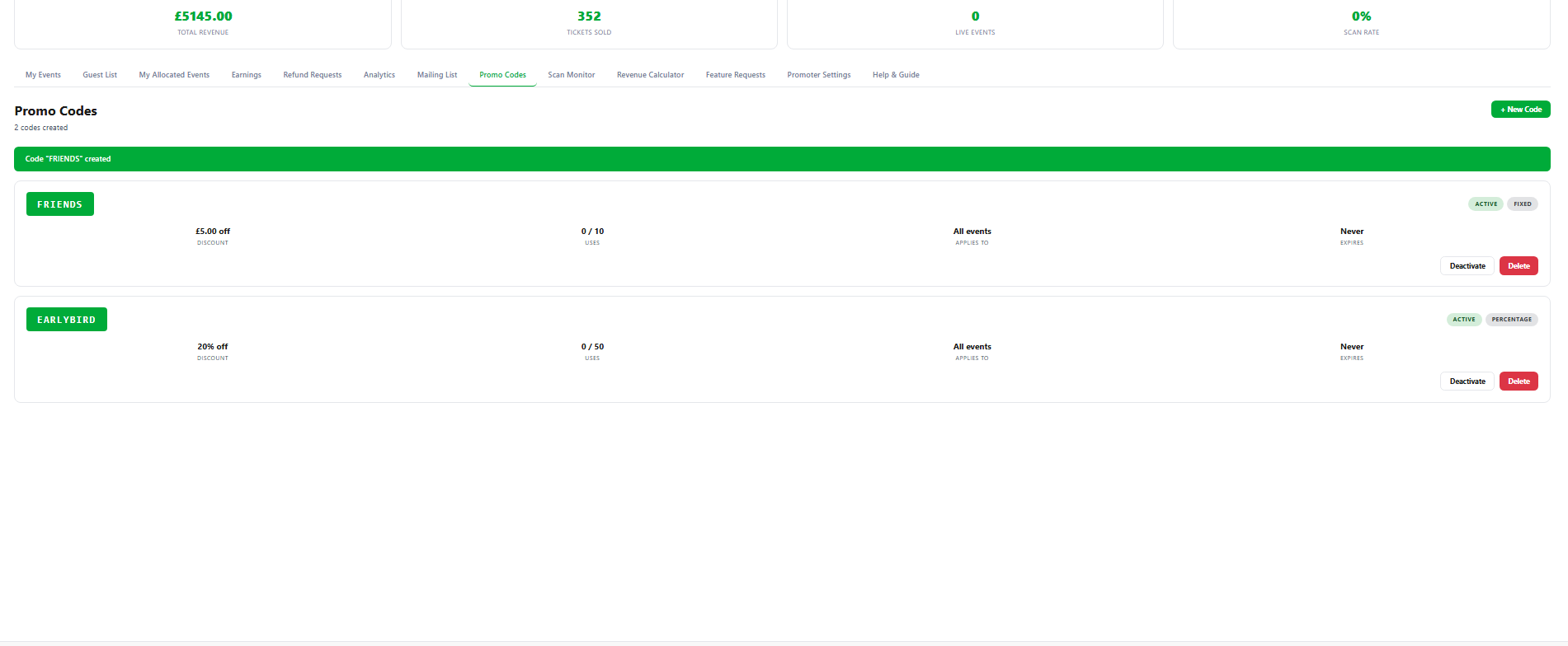 Promo codes management showing EARLYBIRD (20 percent off) and FRIENDS (£5 off) codes