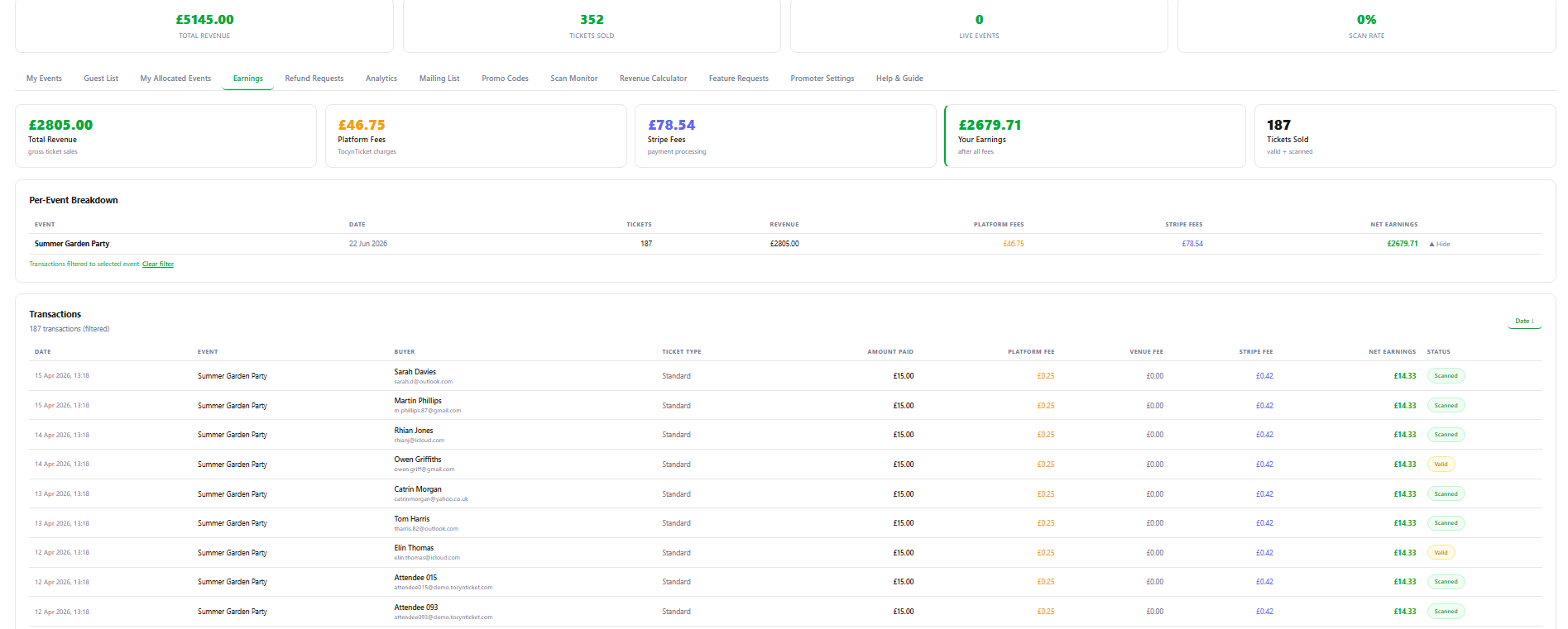 Earnings dashboard with detailed per-transaction breakdown showing platform and Stripe fees separately