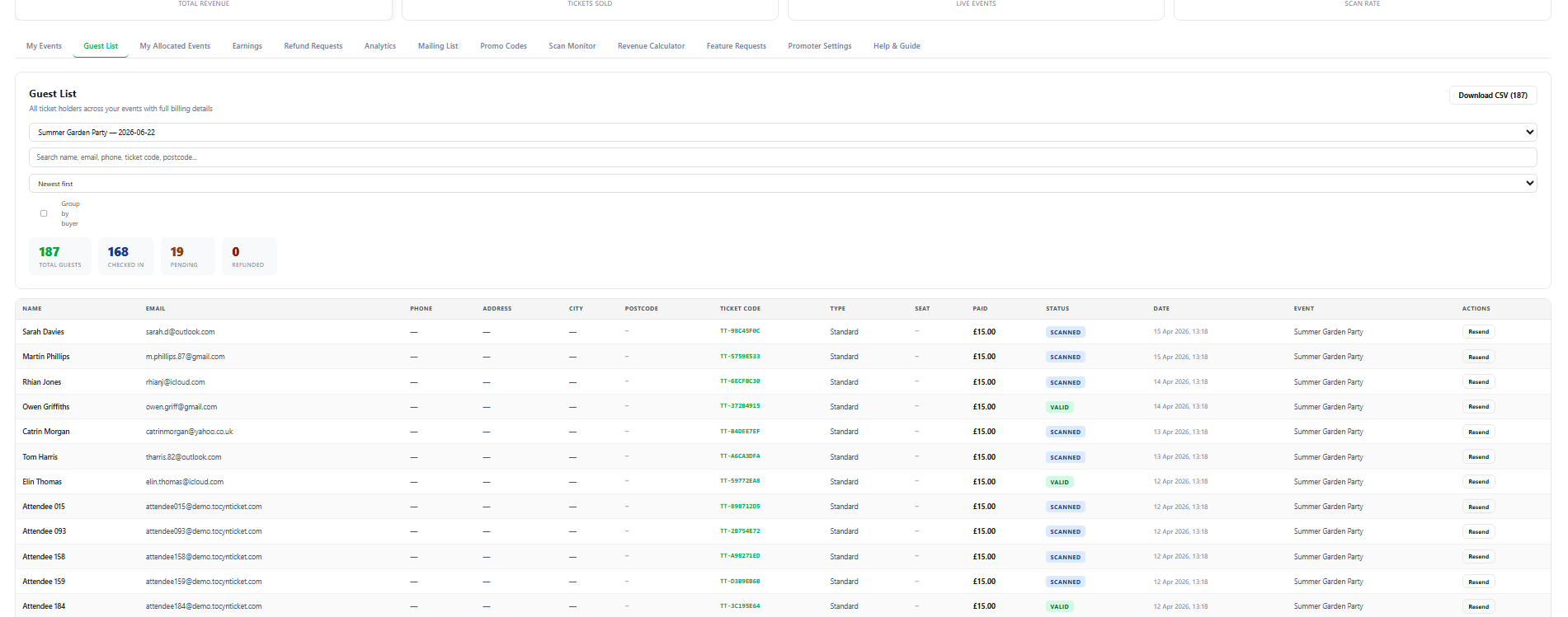 Guest list view showing all attendees with names, emails, ticket codes and check-in status