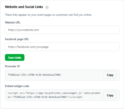 Embed widget settings panel with website URL, Facebook page URL, and the script embed code